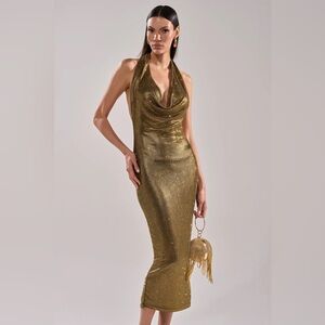 AKIRA POPPIN' BOTTLES RHINESTONE MAXI DRESS IN GOLD